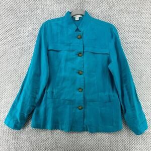 Coldwater Creek Top Women 8 Turquoise Linen Collared Button Up Front Long Sleeve